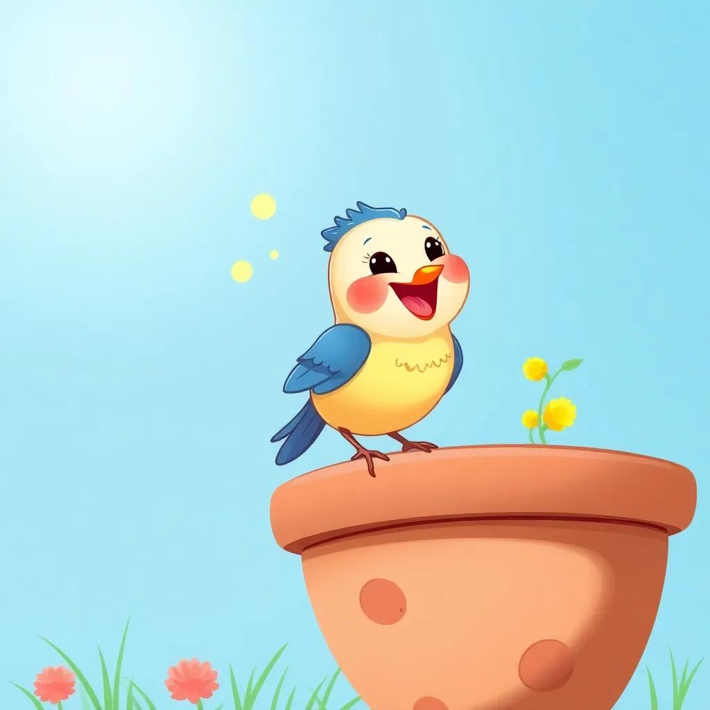 A little bird, chirping happily near the pot, colorful and cheerful, bright blue sky, cartoon style, adorable character, high quality