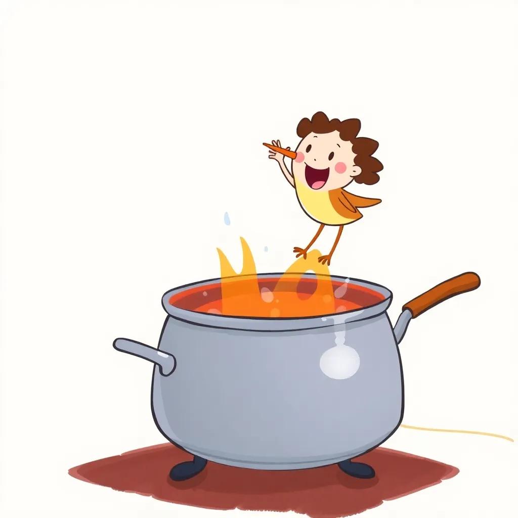 Dot waving at the bird with excitement, on top of the hot pot, joyful interaction between characters, vibrant colors, playful setting