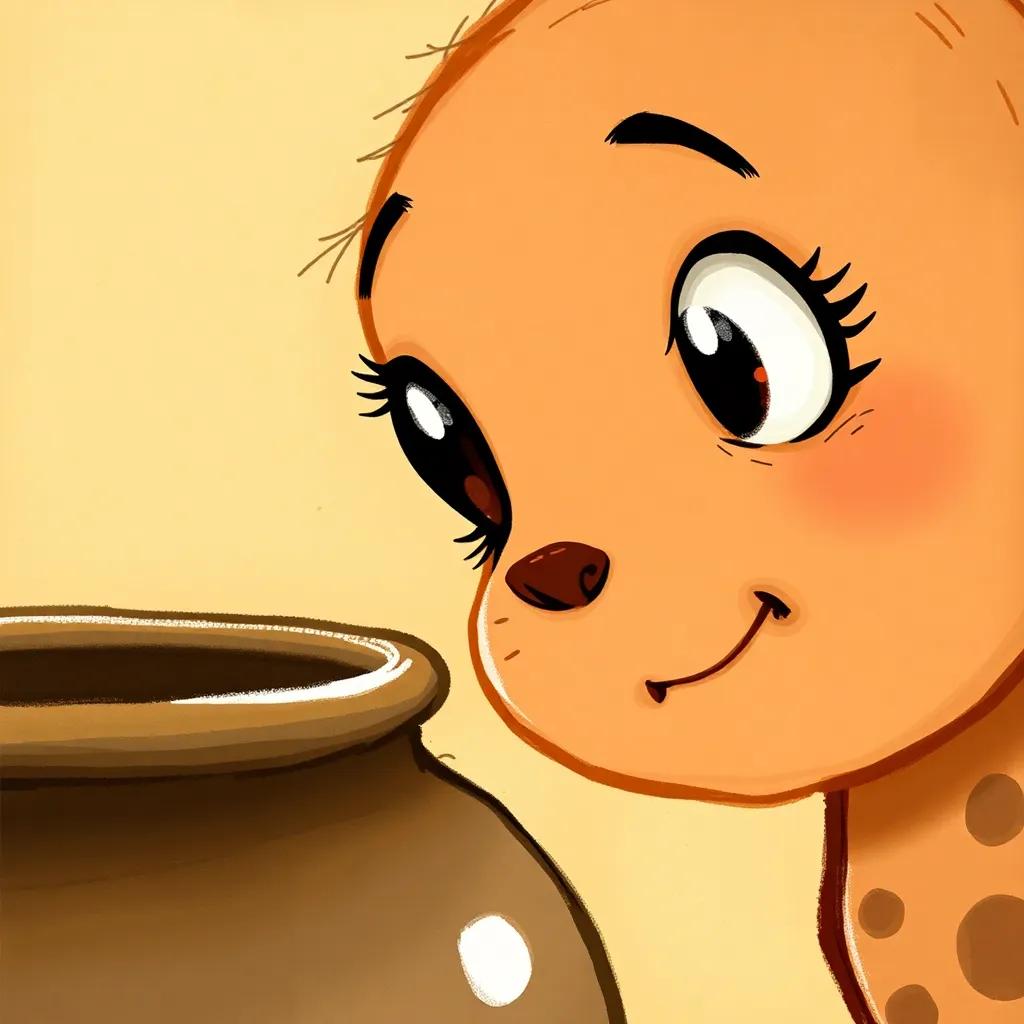 A close-up of Dot looking at a little crack on the pot, curious expression, interesting details, warm tones, child-friendly