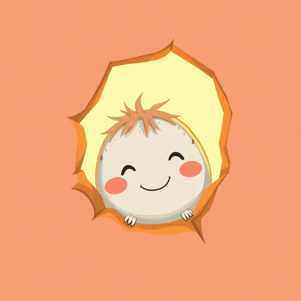 A tiny speck peeking from the crack, cartoon-like face with a smile, warm light, friendly and inviting atmosphere, delightful