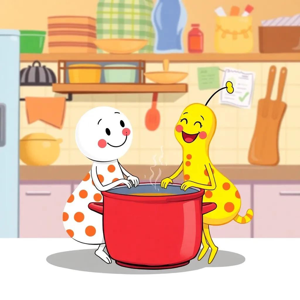 Dot and the speck sitting together at the pot, sharing stories and laughing, colorful kitchen background, joyful scene, bright and engaging