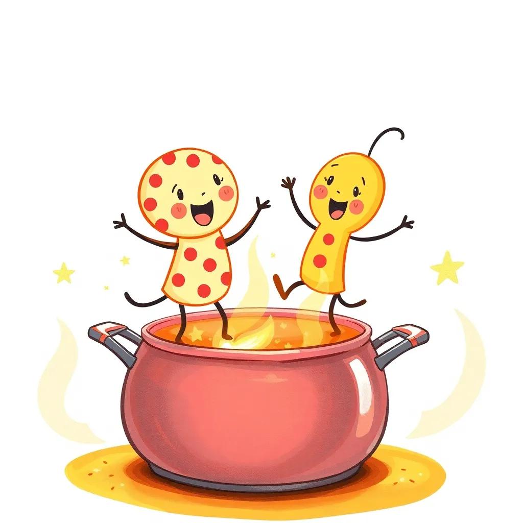Dot and the speck dancing on the hot pot, joyful expressions, bright colors, warm light, happiness in the air, magical atmosphere