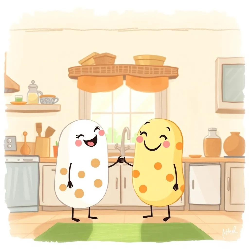 Dot and the speck smiling at each other, enjoying their adventure together, cozy kitchen with sunlight streaming in, friendly and warming scene