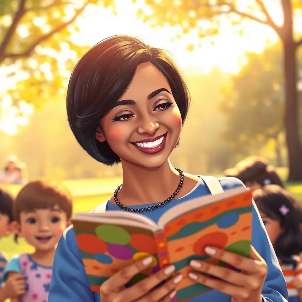 A smiling Arab woman, Dr. Hanaa Mohammed, with short black hair wearing a blue shirt, reading a colorful book in a sunlit park with children around her, illustration, cheerful, warm colors, vibrant and inviting atmosphere, high quality