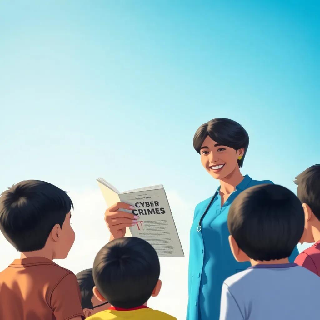 A joyful scene of Dr. Hanaa Mohammed, an Arab woman with short black hair in a blue shirt, talking to children, pointing at a book about cyber crimes under a bright blue sky, illustration, engaging, colorful and lively, storytelling view, high quality