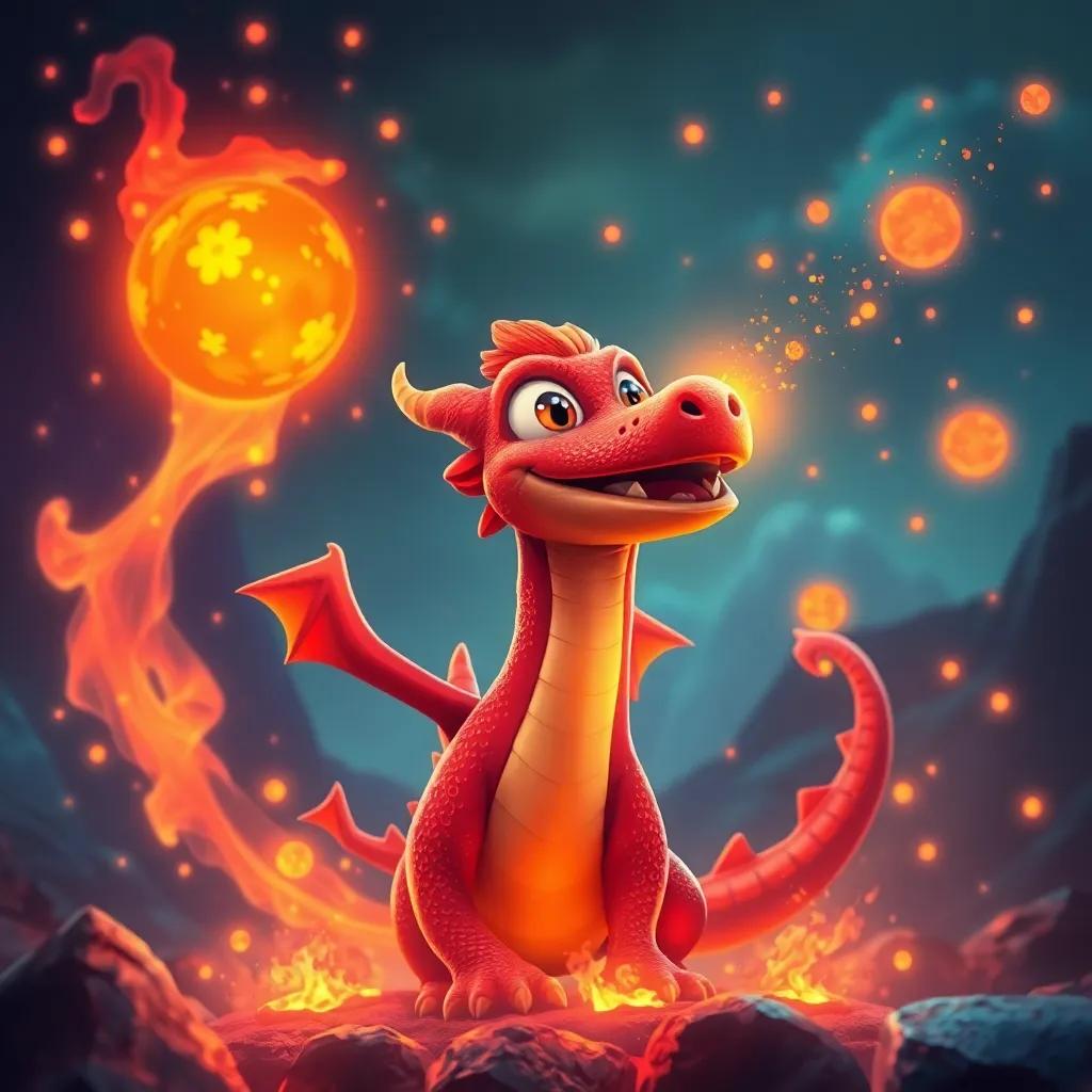 A cheerful red dragon, Fireball, watching Draco with excited eyes, surrounded by glowing lava and magical sparks, vibrant colors, joyous scene, fantastical atmosphere