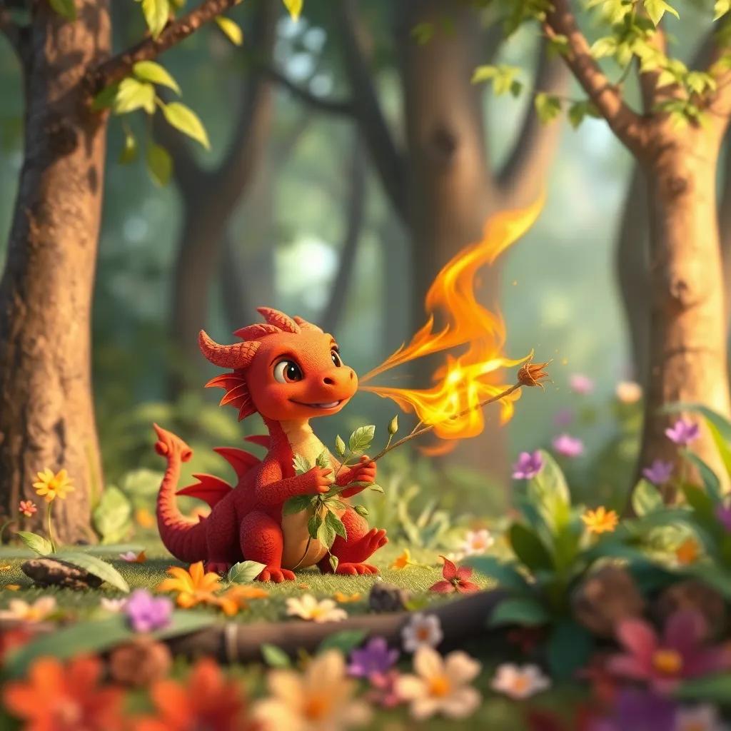 A small red dragon, Flame, busily gathering leaves, twigs, and flowers in a vibrant forest, accidentally sneezing a burst of fire that singes decorations, colorful, lively, child-friendly, action-oriented, high quality
