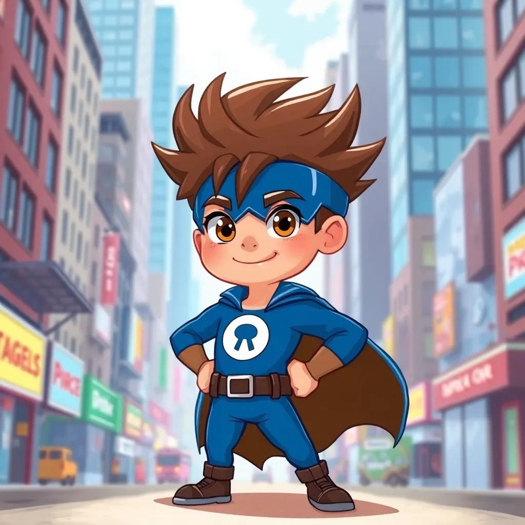 A young boy, Drake, with spiky brown hair wearing a blue superhero outfit, standing confidently with his fists on his hips in a bustling city, digital art, vibrant colors, energetic atmosphere, dynamic perspective, child-friendly, high quality.