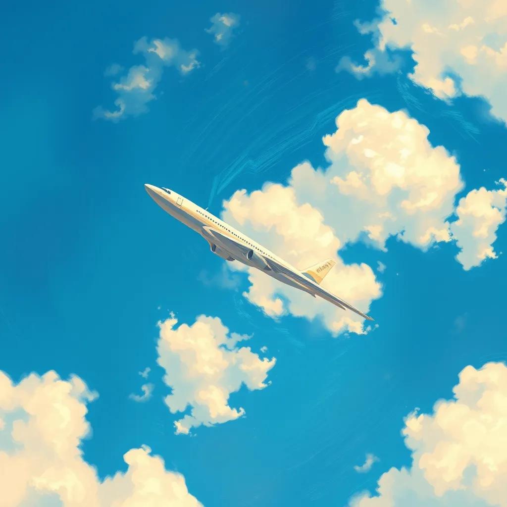 An airplane soaring high in the blue sky, with fluffy white clouds around, showing a sense of adventure and travel, digital art, bright and inspiring