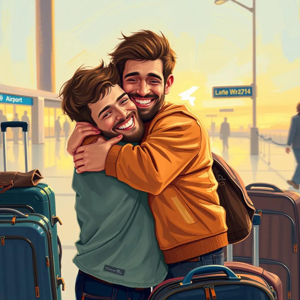 A father hugging his son at the airport, both smiling happily, with suitcases around them, representing a joyful reunion, digital art, warm colors
