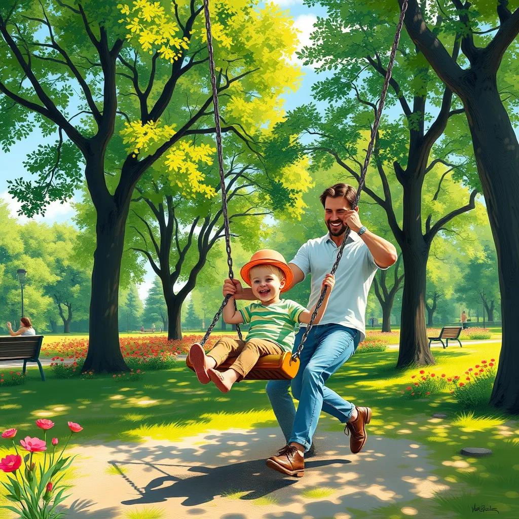 A sunny park scene with a father pushing his son on a swing, both laughing and playing, surrounded by green trees and flowers, digital art, fun and lively