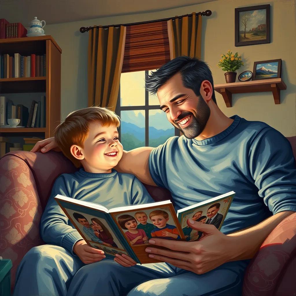 A happy father and son in a cozy room, looking at family photos, talking and smiling, conveying the warmth of family bonds, digital art, heartfelt and nostalgic