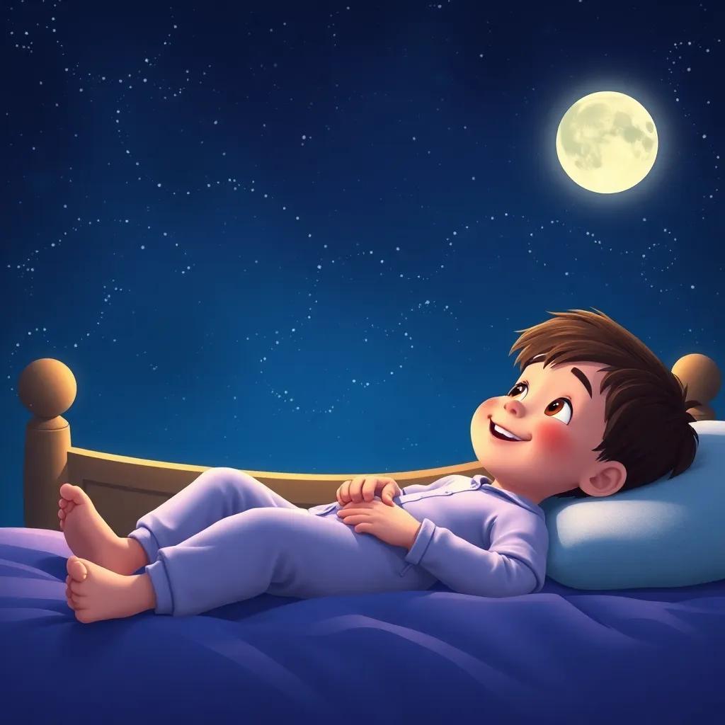 Tommy, a young boy, with short brown hair wearing pajamas, lying on his bed looking at the night sky full of stars and a glowing moon, digital art, joyful, imaginative atmosphere, high quality