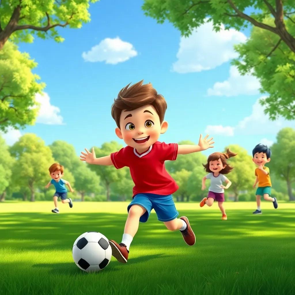 Sam, a young boy with short brown hair in a red jersey and blue shorts, playing football with his friends in a green park, a sunny day with lots of trees around, joyful expressions, illustration, colorful, engaging scene, cheerful energy, child-friendly