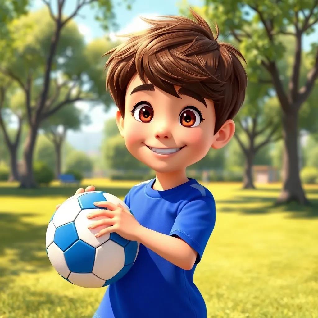A young boy named Jamie, with short brown hair, wearing a blue soccer jersey, practicing in a sunny park with a soccer ball, cheerful atmosphere, bright colors, detailed digital art
