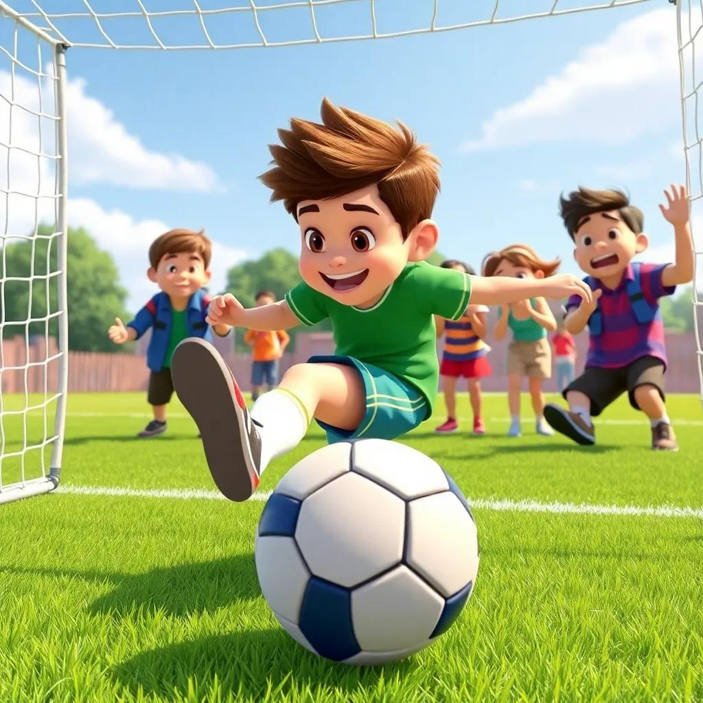 Jamie kicking a soccer ball into a net with friends cheering in the background, joyful expressions, green grass, blue sky, vibrant illustration