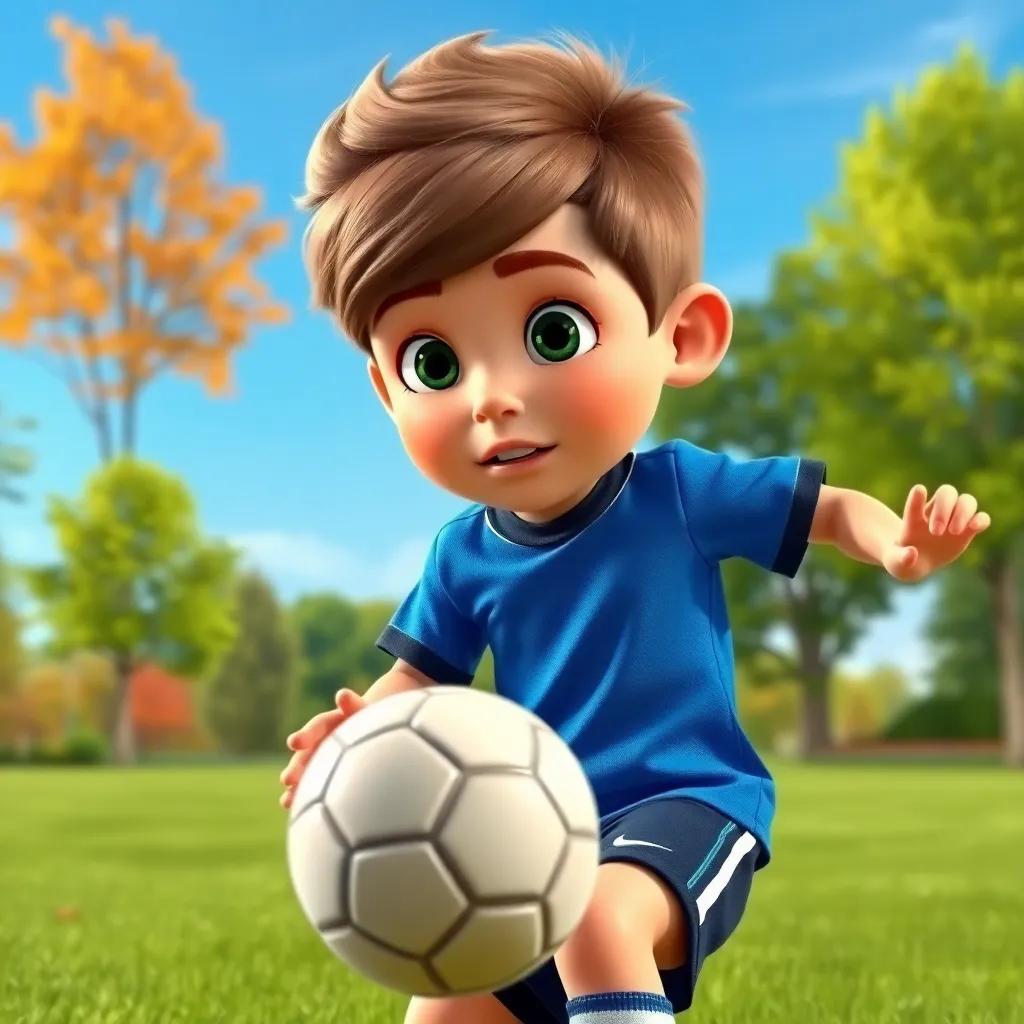 Jamie practicing soccer in the park wearing a blue jersey, focused expression, clear blue sky, colorful trees, dynamic action shot, high quality