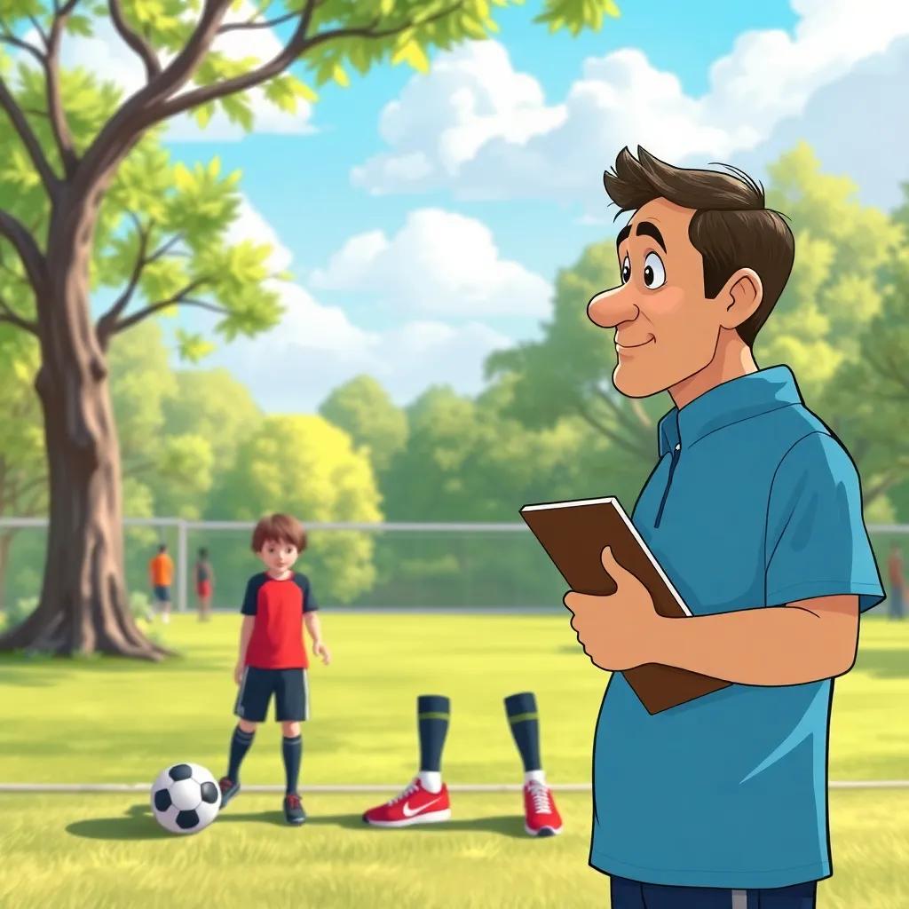 A soccer coach watching Jamie play in the park, impressed look on his face, wearing sports clothes and holding a clipboard, vibrant atmosphere, detailed illustration