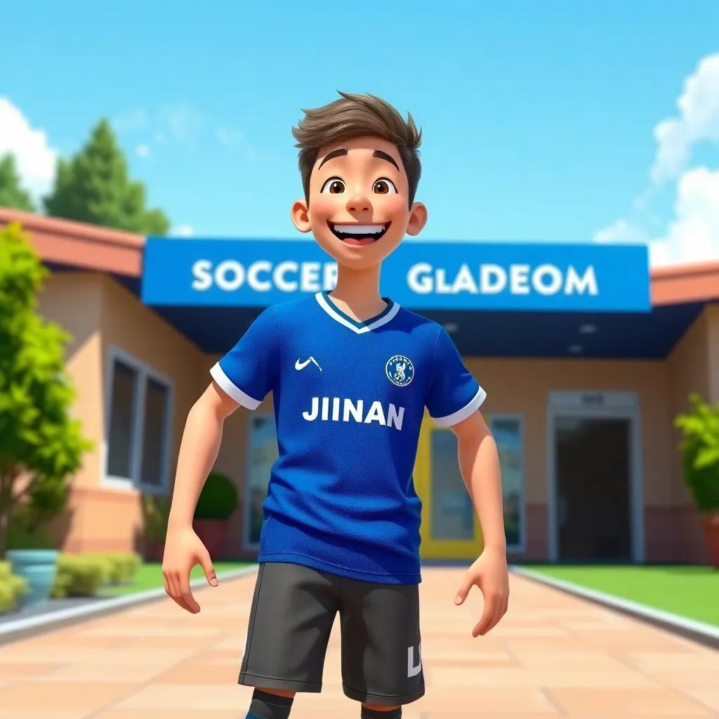 Jamie wearing a blue jersey with a big smile, standing outside the soccer academy, excitement on his face, sunny day, welcoming environment