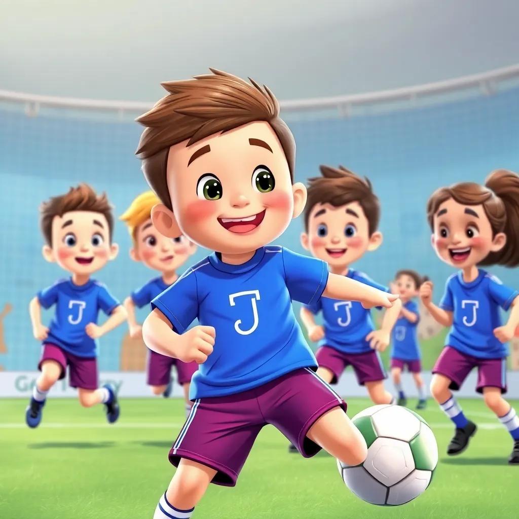 Jamie training with friends at the soccer academy, practicing skills in blue jerseys, happy expressions, teamwork, colorful scene, child-friendly illustration