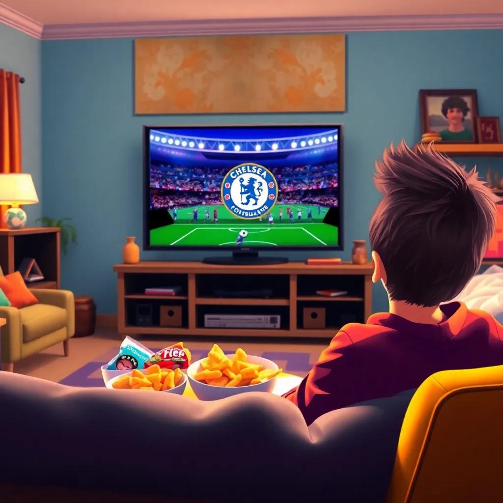 Jamie watching a Chelsea game on TV, eyes wide with excitement, surrounded by snacks, cozy living room setting, bright colors, vibrant atmosphere