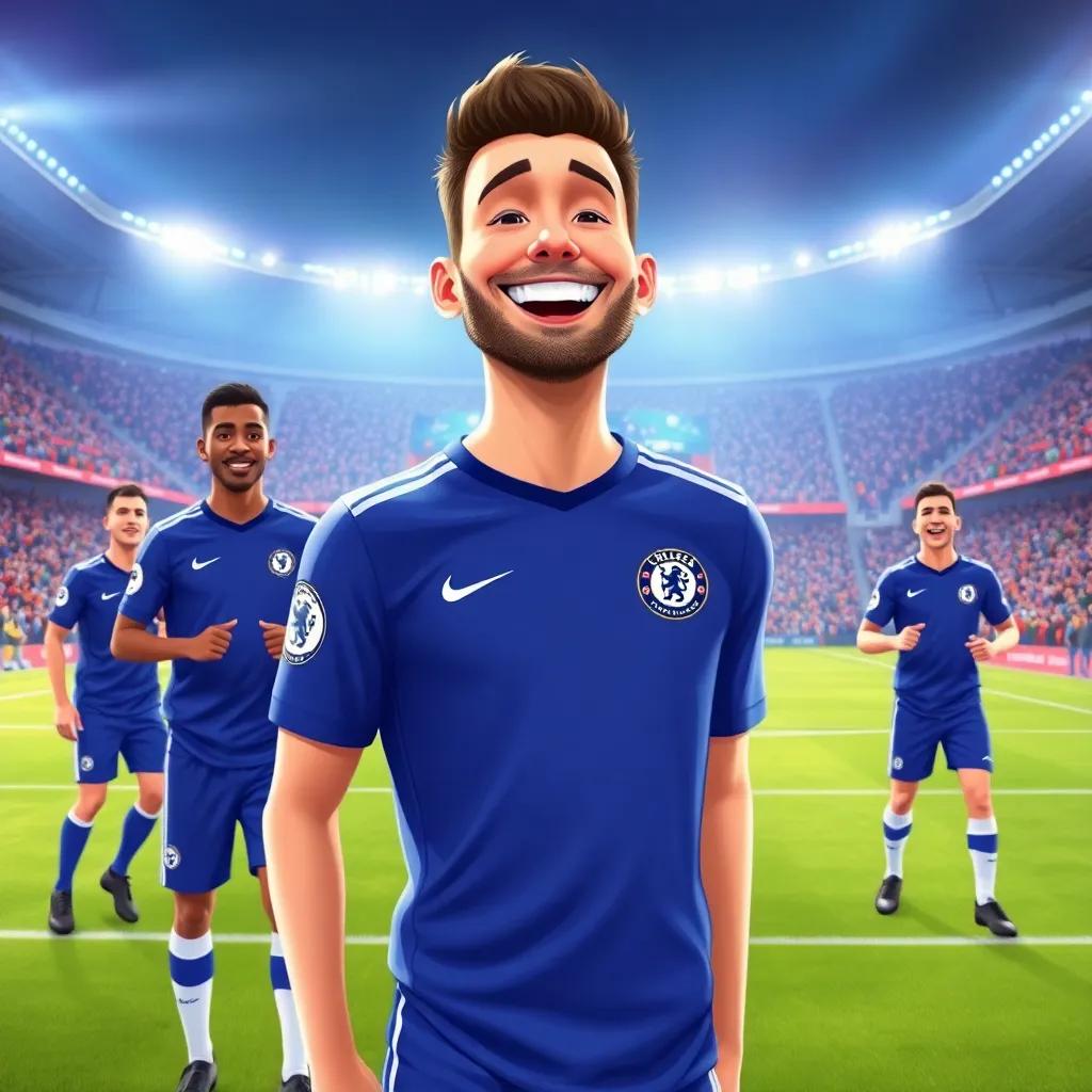 Jamie on the soccer field in a Chelsea jersey, happy and confident, with teammates around him, stadium in the background, celebratory scene, high-quality illustration