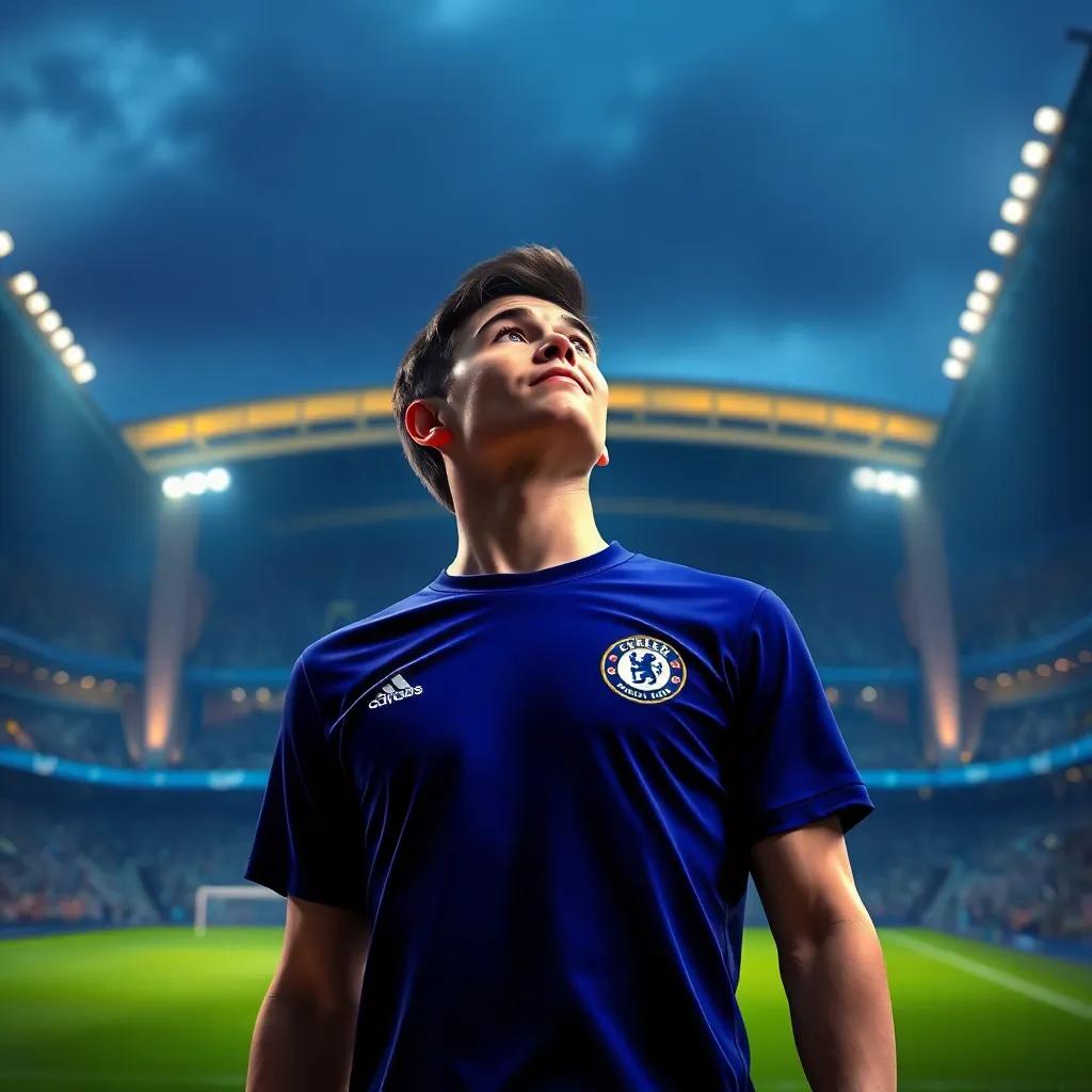 Jamie looking up at the Stamford Bridge stadium, wearing his Chelsea jersey, filled with excitement and determination, inspiring atmosphere, evening lighting