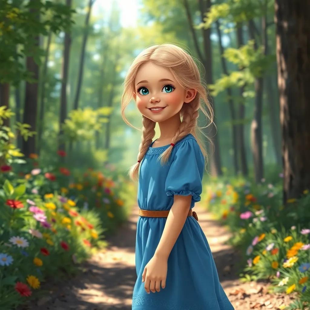Elin, a young girl with braided blonde hair and a blue dress, walking on a forest path filled with green trees and colorful flowers, a sense of adventure in the air, digital painting, vibrant, cheerful, bright sunlight, close-up