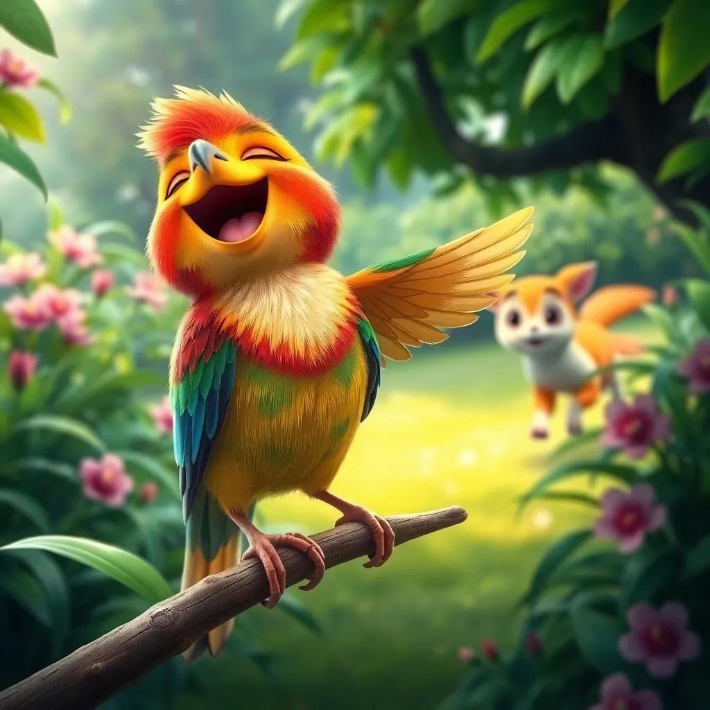A singing bird, perched on a branch, colorful feathers and a joyful expression, with Elin running in the background to catch up, lush greenery all around, colorful digital art, child-friendly, detailed, lively scene