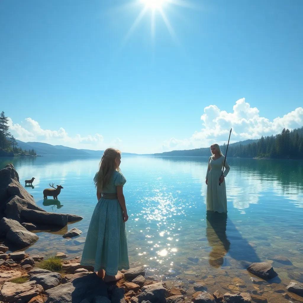 A sparkling lake with crystal clear water reflecting the sky, Elin standing by the shore, greeted by an old woman in a light dress, magical creatures around, bright and inviting, enchanting illustration, fantasy, tranquil mood