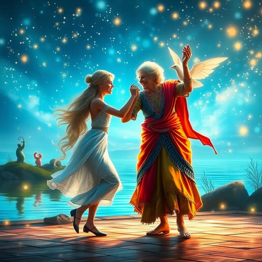 An enchanting dance scene at the lakeside with Elin and the friendly old woman dancing together, surrounded by magical creatures, twinkling lights in the air, fantasy art, vibrant colors, joyful atmosphere