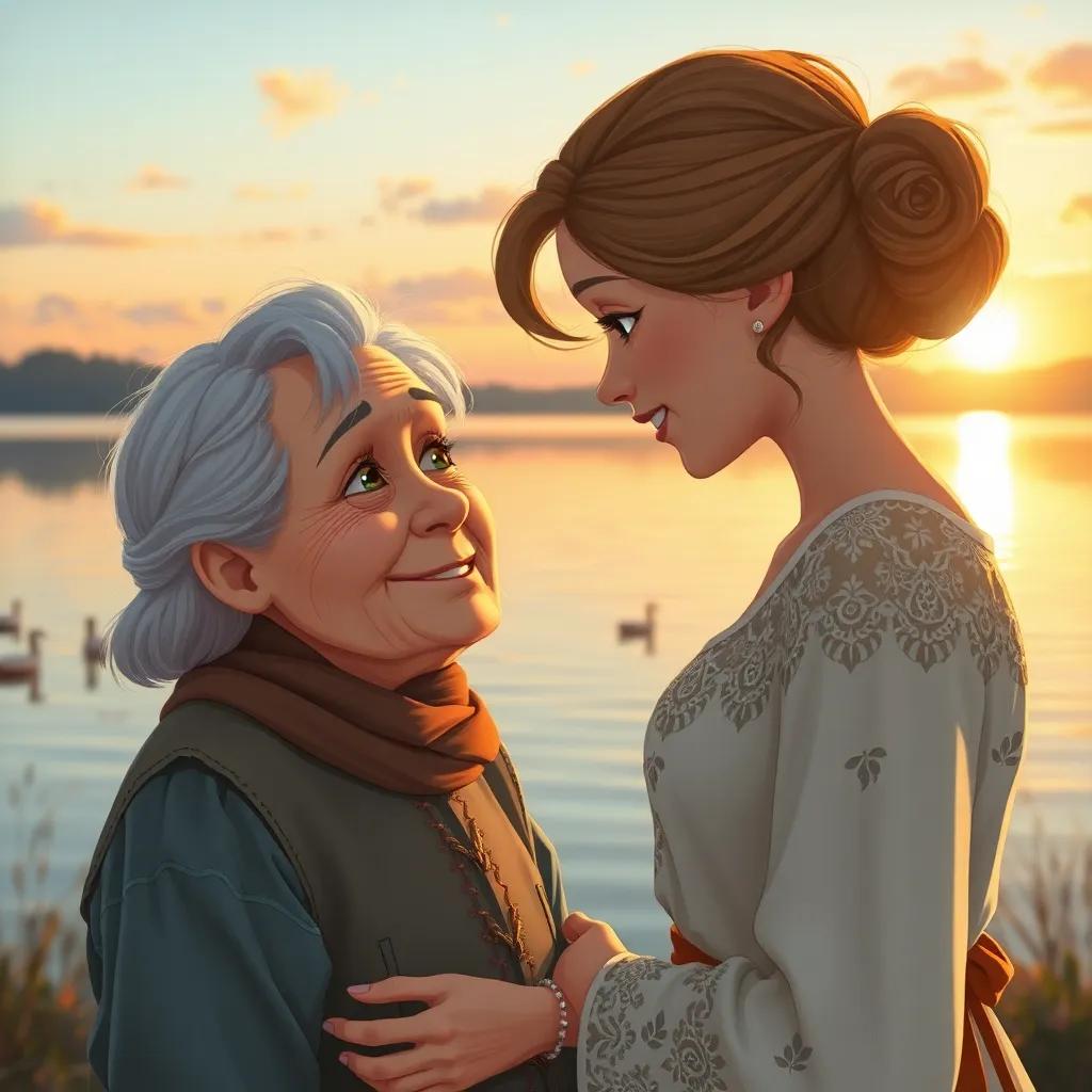 Elin saying goodbye to the friendly old woman by the lake, tears in her eyes but a smile on her face, a warm sunset creating a magical glow, emotional scene, digital illustration, touching moment