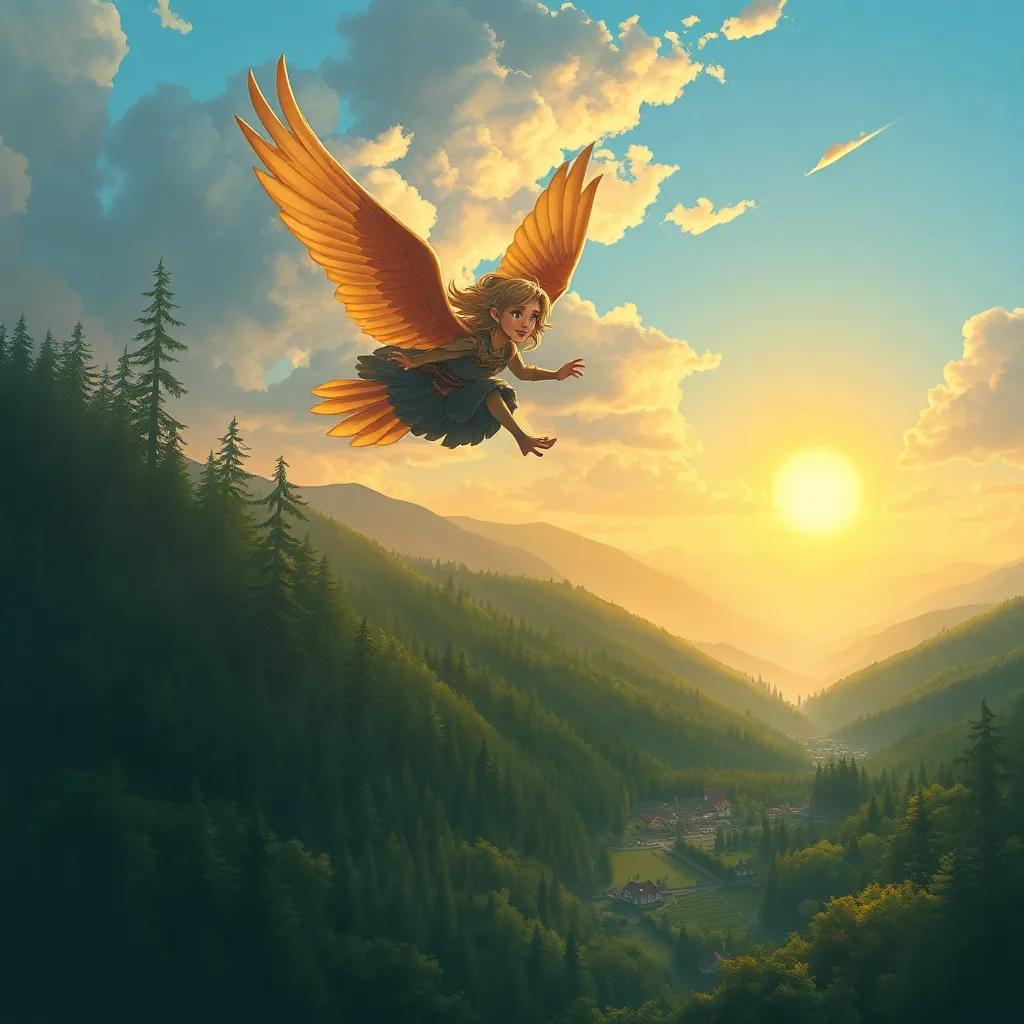 Elin flying with the singing bird over the forests and valleys, returning to her village with the sunset behind them, beautiful scenery below, adventure-themed illustration, dynamic, uplifting