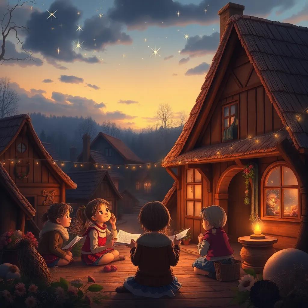 A cozy village scene at twilight with children listening to Elin's story, twinkling stars beginning to appear in the sky, warm and inviting, detailed illustration, heartwarming moment