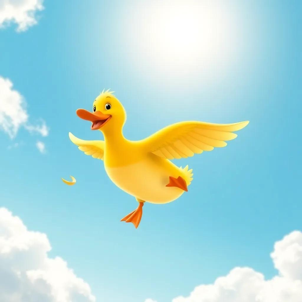 A happy duck with bright yellow feathers, flapping her wings, flying high in a sunny sky filled with soft white clouds and sunshine, cheerful and playful atmosphere, vibrant colors, high quality