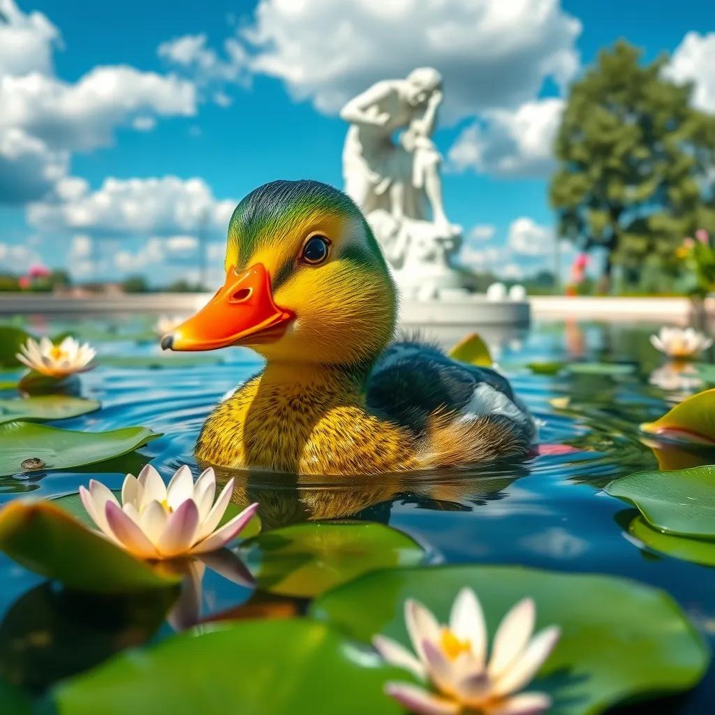 A happy little duck with shiny green feathers swimming in a big pond with lily pads and flowers around, bright blue sky and fluffy white clouds.