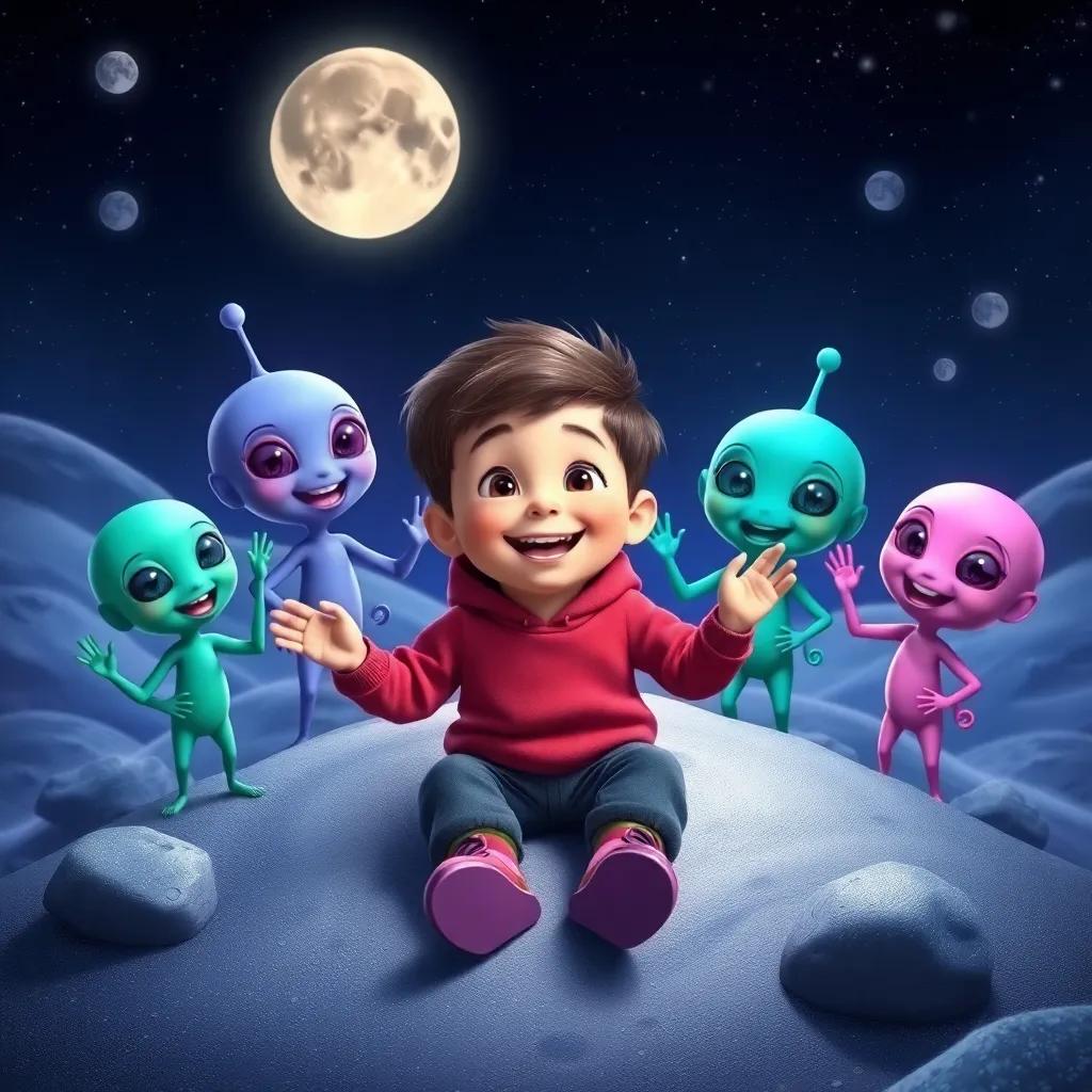 Dylan on the moon, surrounded by colorful aliens with green, blue, and pink skin, all smiling and waving at him, magical lunar landscape with sparkling silver dust, joyful, child-friendly, high detail