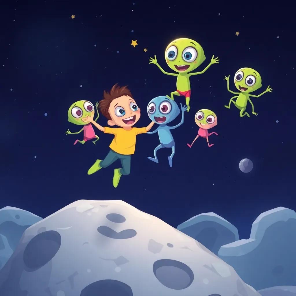 Dylan and the aliens bouncing together on the moon, with laughter in the air, each alien has big eyes, hopping high among craters, starry sky visible, cheerful and vibrant, colorful illustration