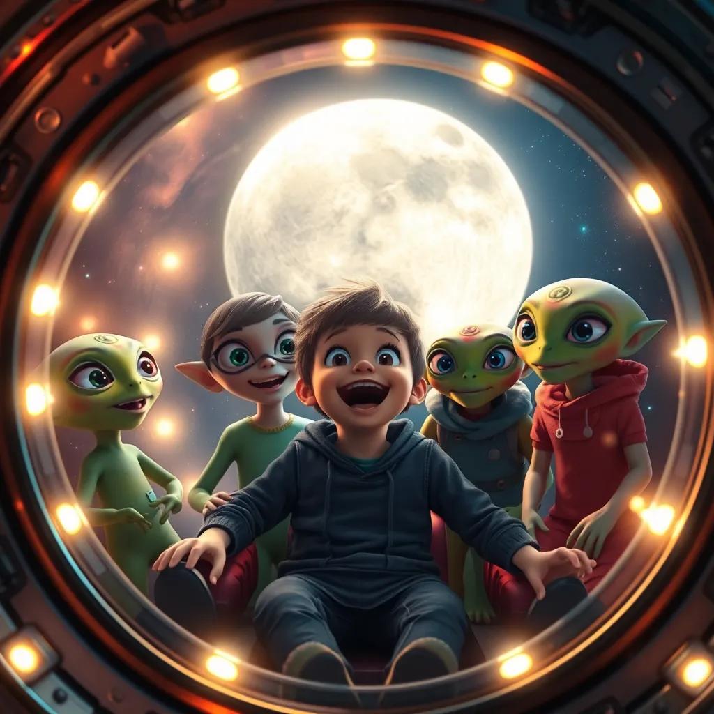 Inside of a shiny round spaceship with Dylan and aliens, twinkling lights reflecting off their excited faces, exploring the moon, adventure theme, high detail, dynamic composition