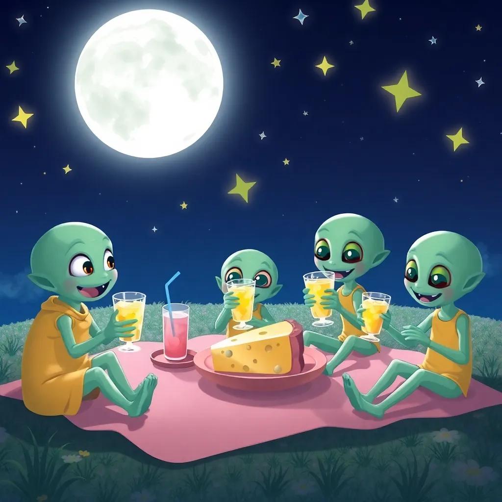 Dylan and the aliens having a moon picnic with moon cheese and starlight juice, enjoying under the bright stars with dancing, happy expressions, colorful scene, cheerful ambiance