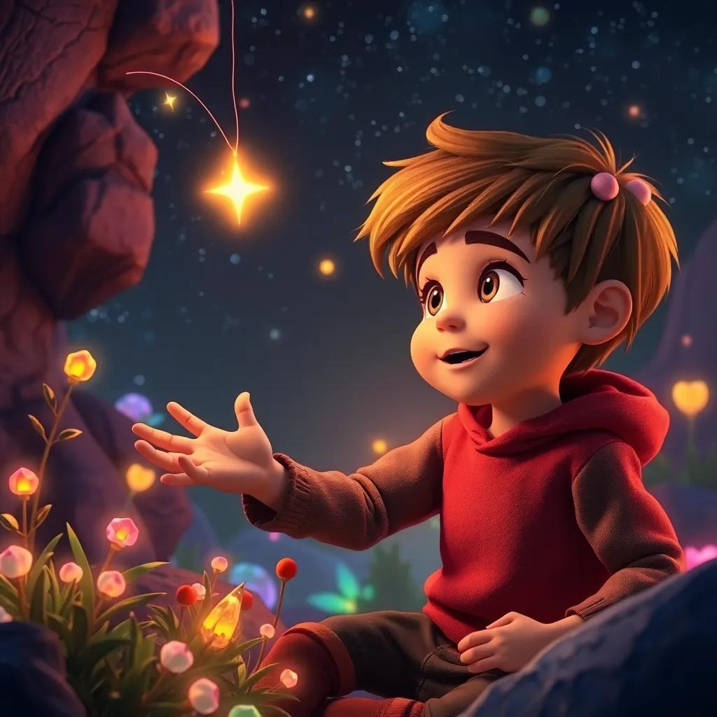 Dylan reaching out to catch a tiny shooting star with a warm glow, surrounded by glowing plants and colorful rocks, capturing the moment of magic and wonder, high detail, enchanting scene