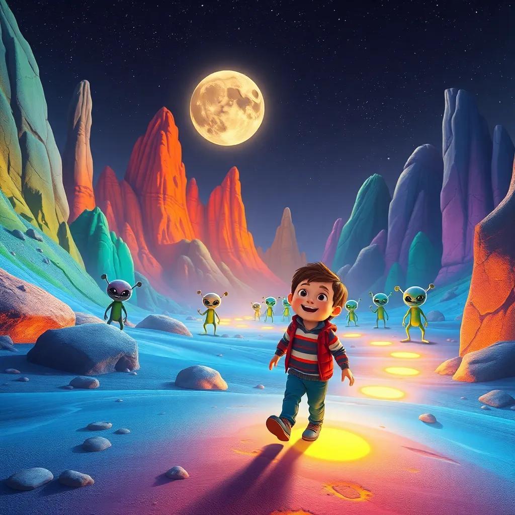 Dylan joyfully exploring the glowing valley on the moon with aliens, colorful rock formations in the background, playful atmosphere, vivid colors, mesmerizing illustration