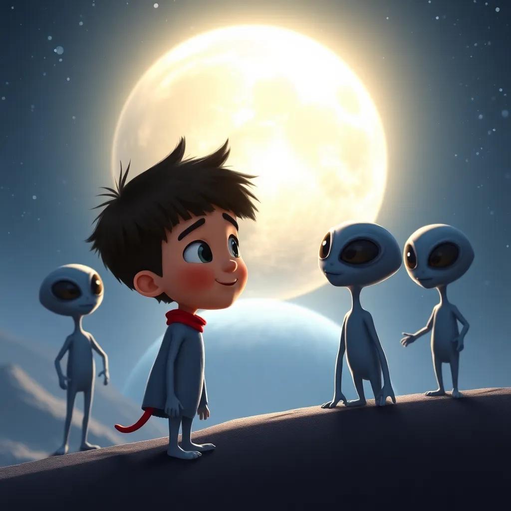 Dylan wishing goodbye to his alien friends at the edge of the moon, a look of happiness and longing on his face, Earth shining in the background, heartwarming scene, high quality