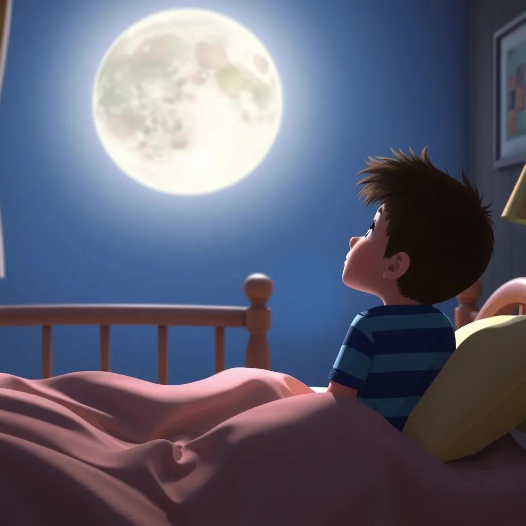 Dylan gazing at the moon from his bed, looking hopeful for the next adventure, soft light in the room, cozy atmosphere, inspiring and heartwarming scene