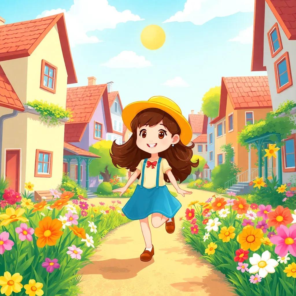 A bright sunny town with Mia, a young girl with brown hair in a yellow hat, skipping through a colorful garden filled with flowers, digital art, cheerful colors, warm light, inviting atmosphere, high quality