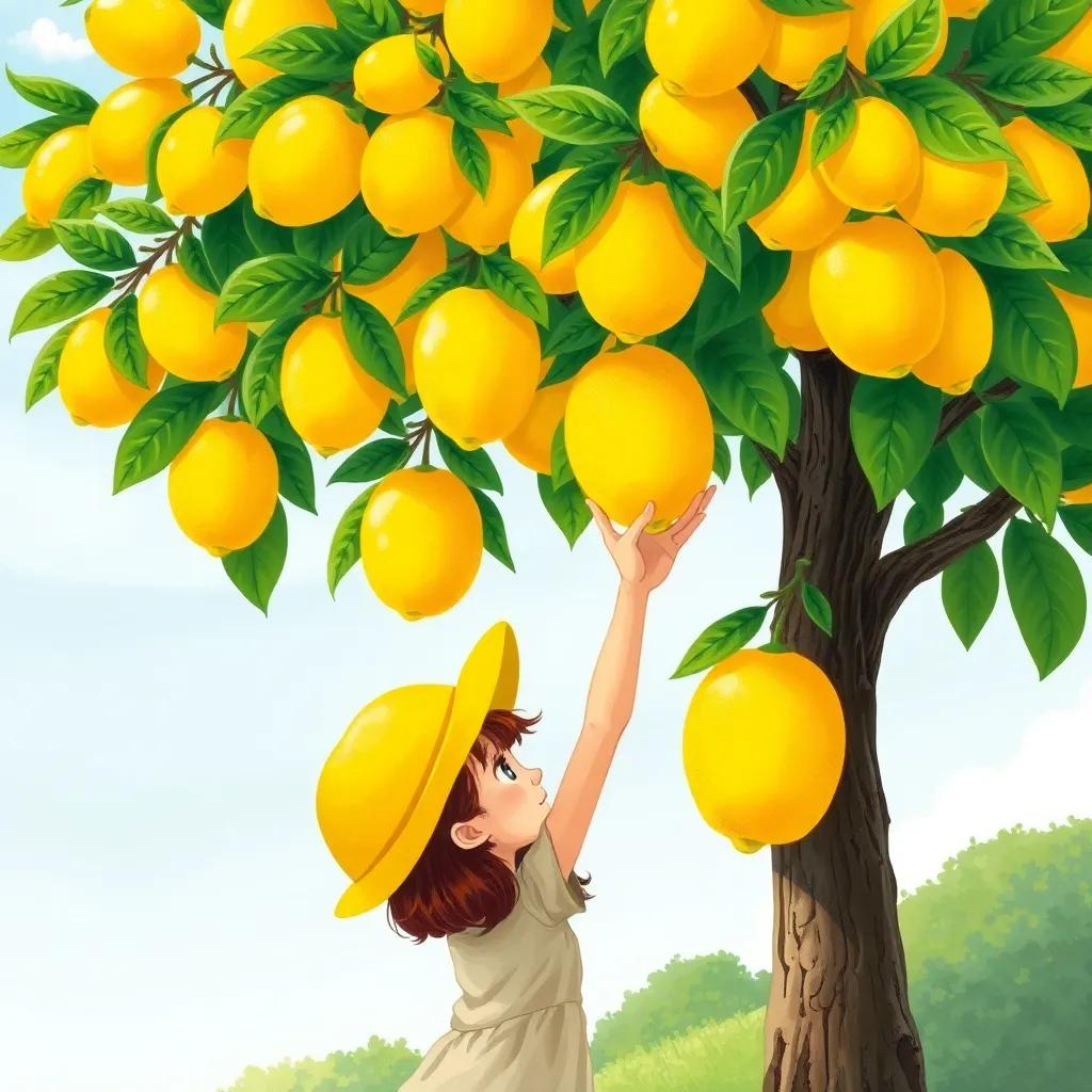 A lemon tree full of bright yellow lemons, with Mia, a young girl with brown hair in a yellow hat, standing underneath, reaching up to pick a large lemon, vibrant and lively, lush greens and sunny skies, detailed