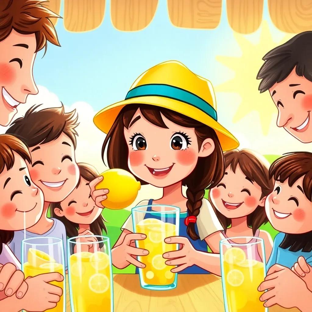 Mia, a young girl with brown hair in a yellow hat, squeezing a lemon into a cup, surrounded by friends with smiles, bright sunlight and lemonade glasses, joyful scene, warm colors, high quality artwork