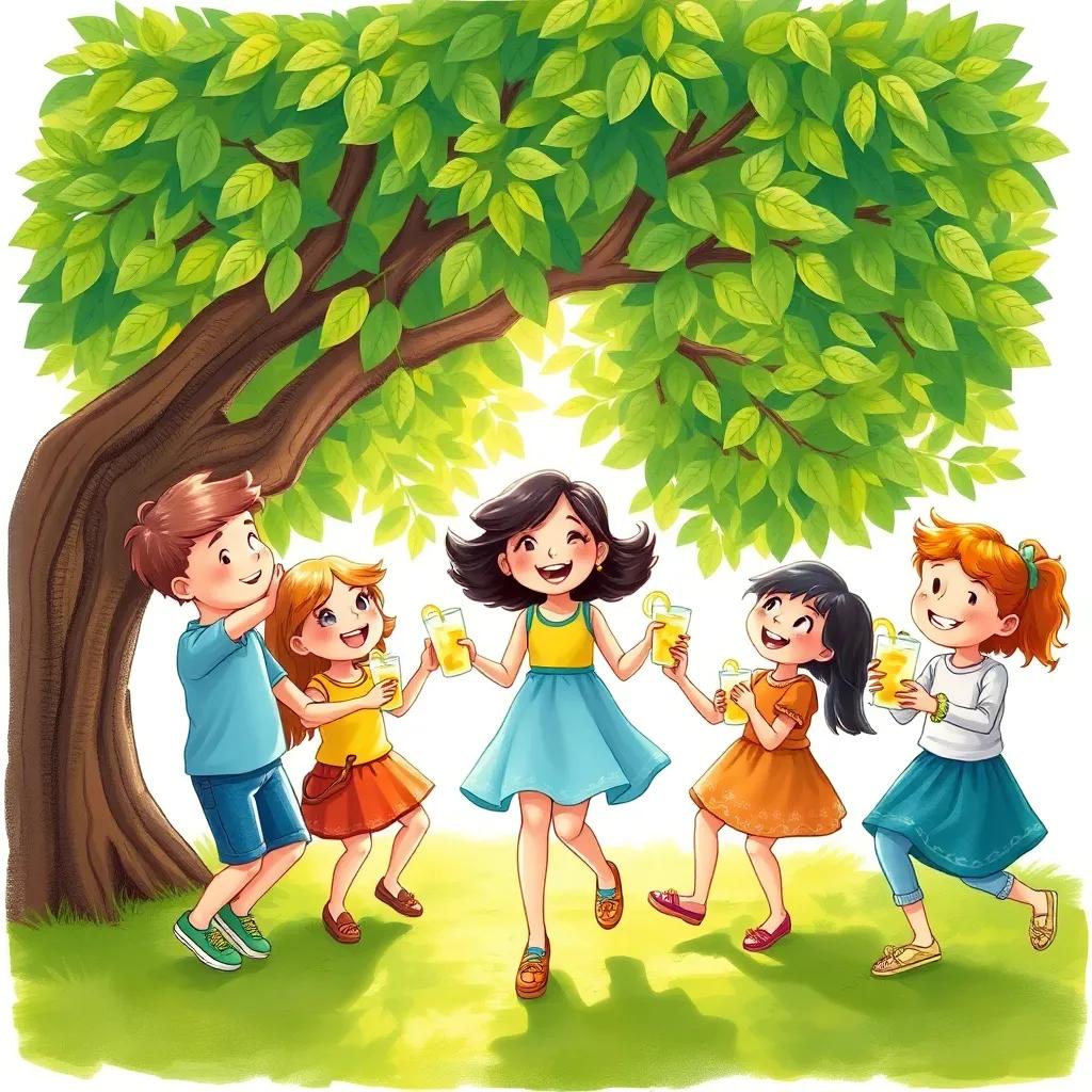 Children dancing around a shady tree, holding lemonade cups, smiling and laughing, with Mia in the center, bright sun filtering through leaves, cheerful, colorful, detailed illustration