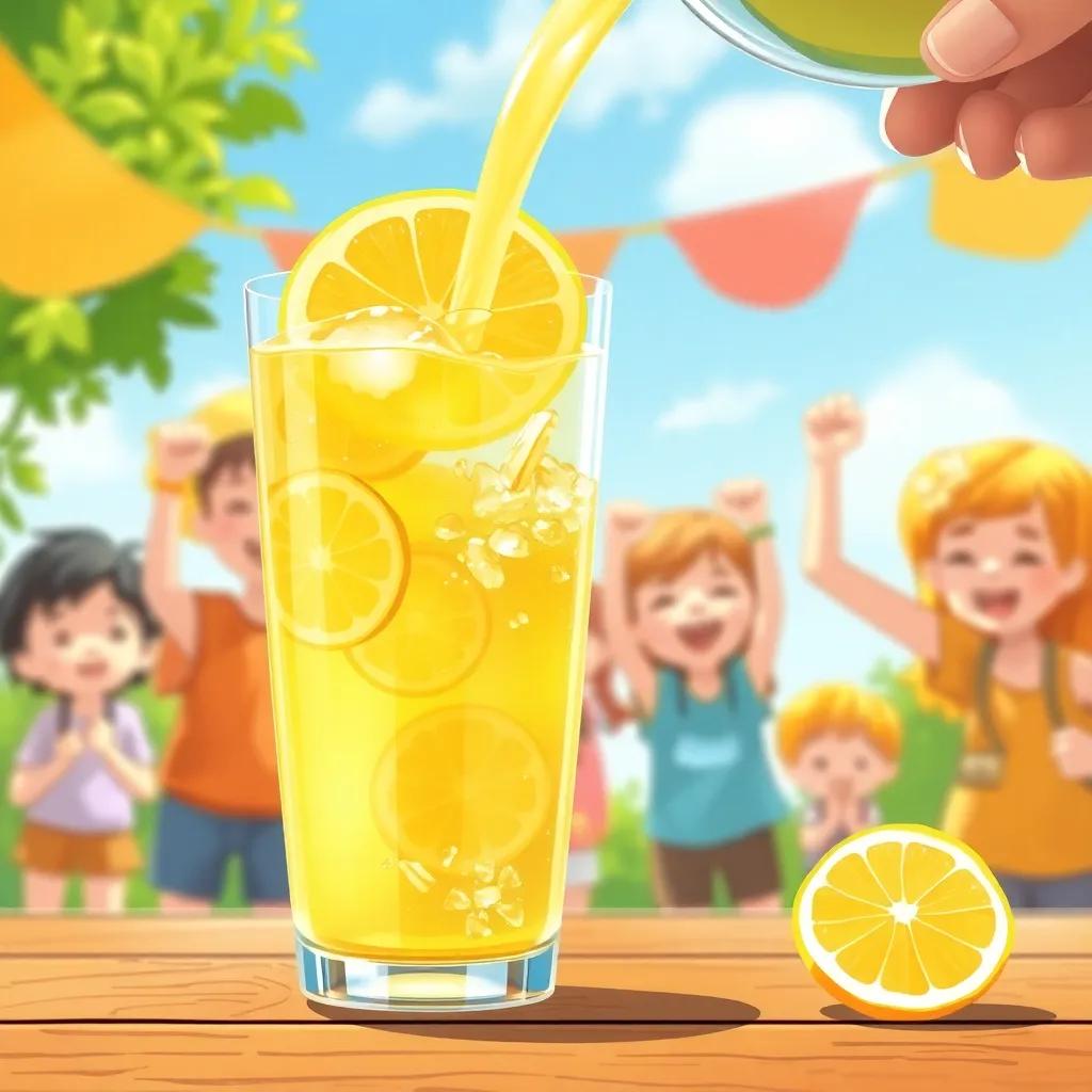 A close-up of lemonade pouring into a glass, with children cheering in the background, bright and refreshing, vibrant colors, sunny day, joyful atmosphere, high quality
