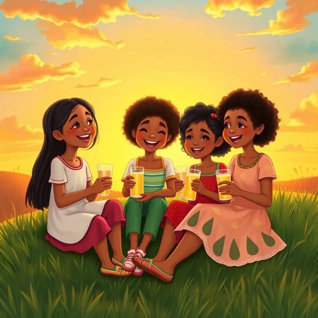 Mia and friends sitting on a grassy hill at sunset, sharing lemonade and laughing, surrounded by heartwarming smiles and a golden sky, uplifting scene, rich colors, detailed